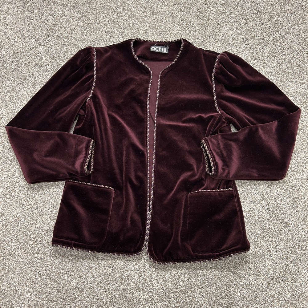 Vintage ACT III Jacket Womens M Red Velvet Collarless Open Front Pockets Trim